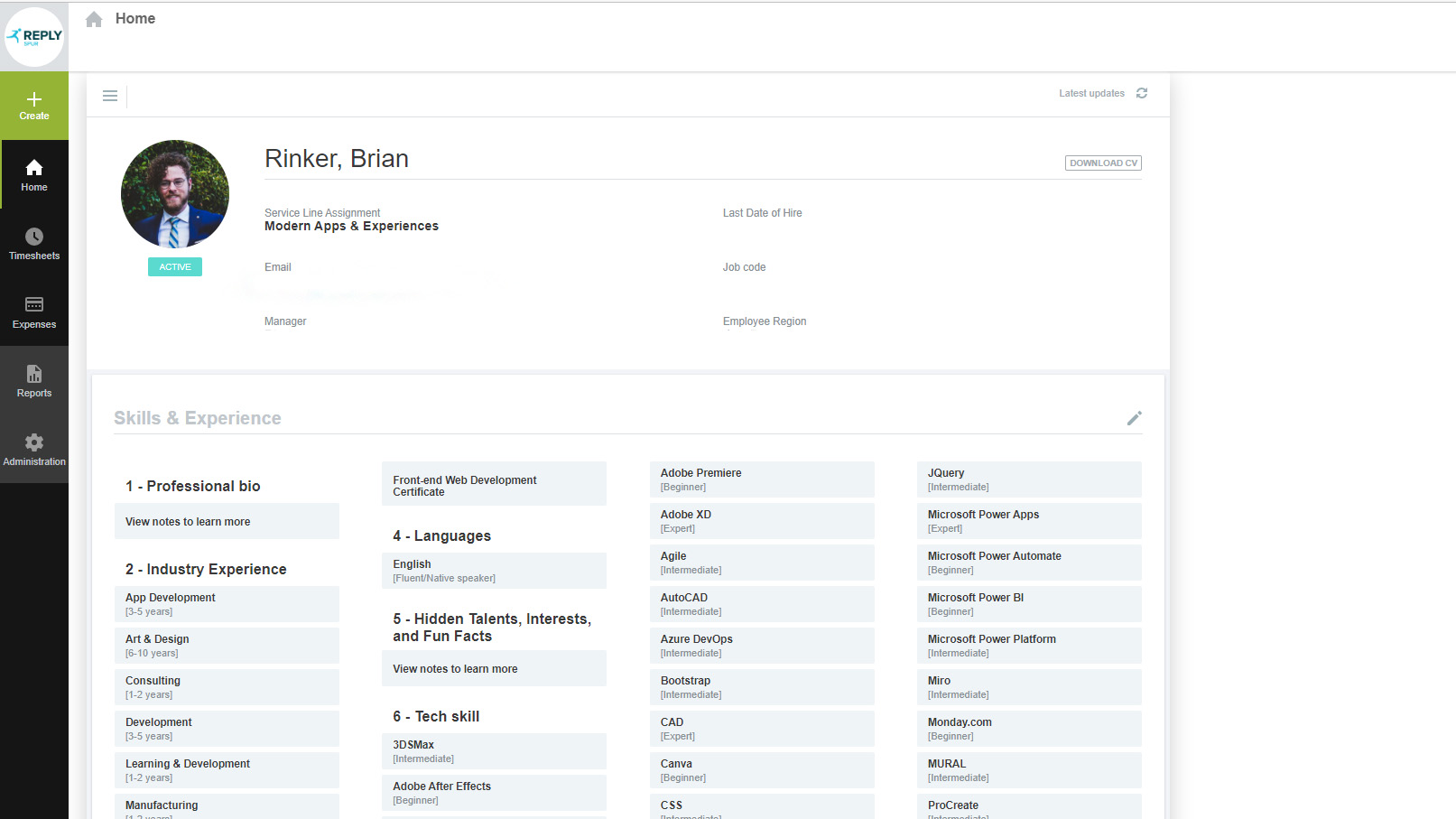The final interface showing employee skill tags, resume, and other needed information
